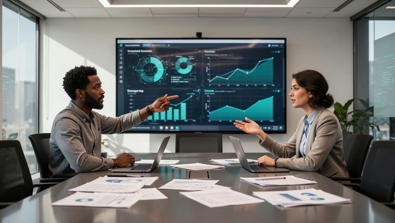 Five diverse cybersecurity experts collaborate in a spacious corporate conference room, discussing with a big screen showing abstract security metrics, laptops and papers on the table.