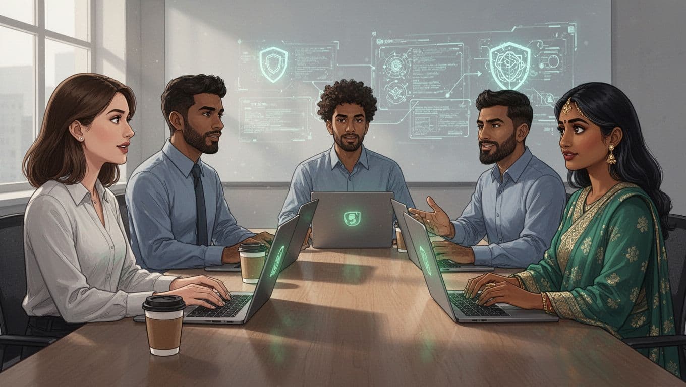 Diverse interview panel with woman and two men discusses cybersecurity with South Asian female candidate at table with laptops and coffee.