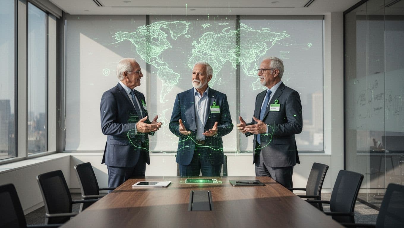 Modern illustration of diverse cybersecurity leaders including CISO, VP Security, and cloud architect discussing strategy in a modern office with holographic threat maps and green accents.