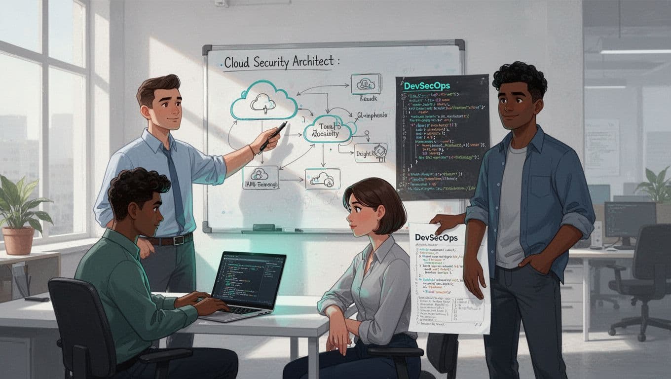 Modern illustration featuring three diverse cybersecurity professionals—a cloud security architect, IAM specialist, and DevSecOps engineer—collaborating in a bright open office with clean shapes, controlled colors, and #22C55E accents.