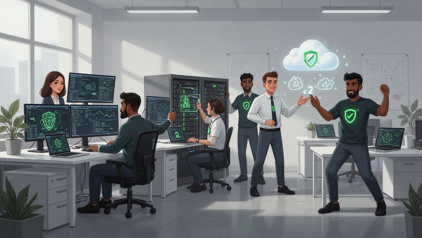 Modern illustration featuring five diverse cybersecurity experts (two women, three men) in roles like SOC analyst, security engineer, cloud specialist, and incident responder in a clean office with #22C55E accents.