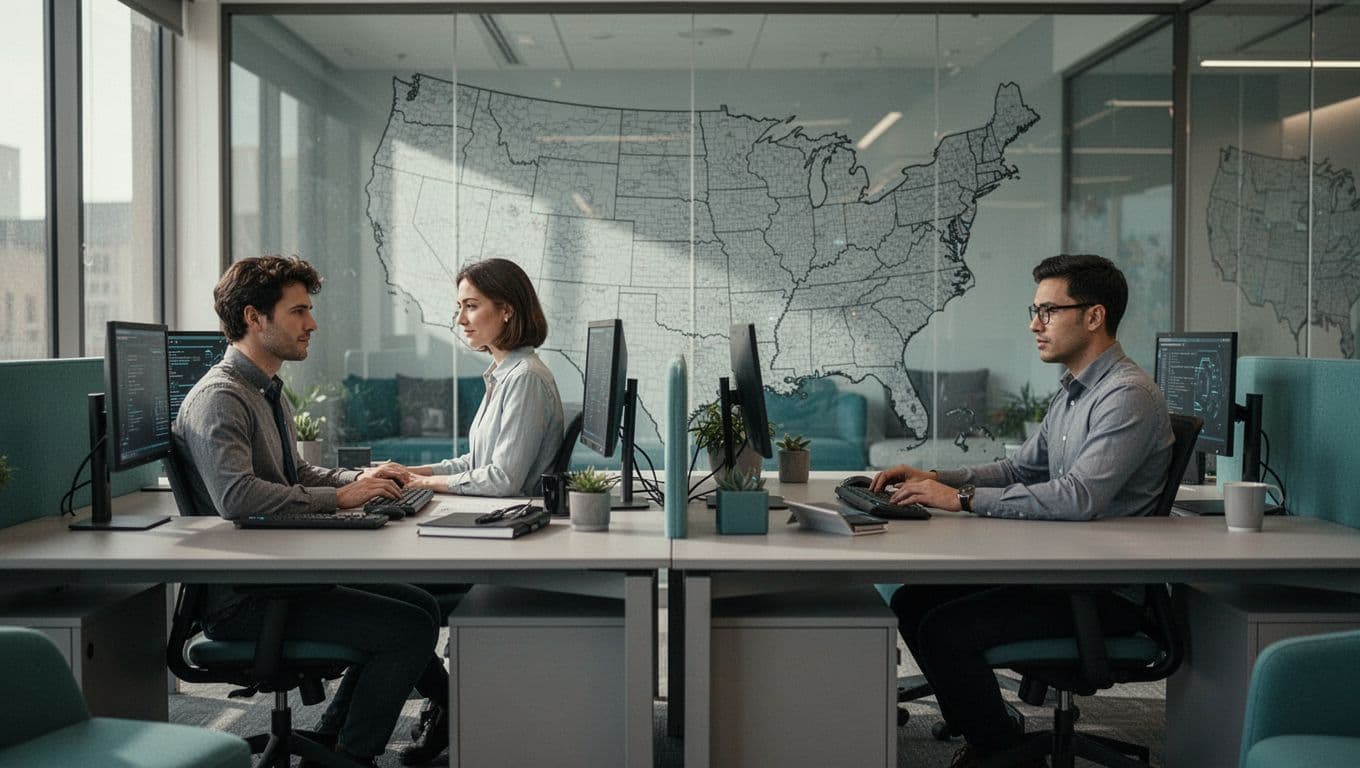 Modern illustration of three diverse cybersecurity professionals, an architect, engineer, and executive, at workstations in a contemporary office with subtle US city maps in the background and green accents.