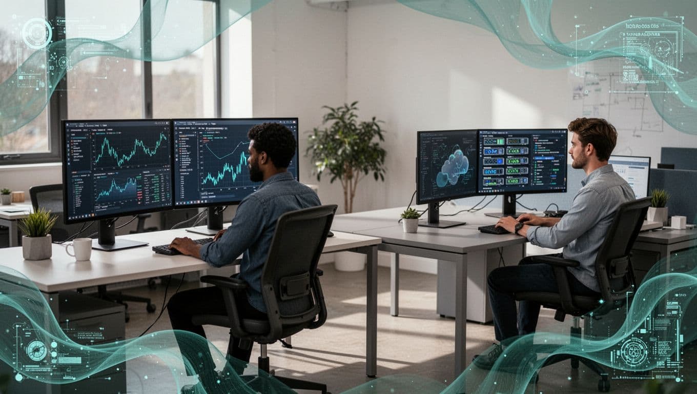 Modern illustration featuring three diverse cybersecurity experts in a shared open office: a security engineer analyzing threats on dual monitors, a cloud security specialist configuring virtual servers, and an incident response lead coordinating via phone.