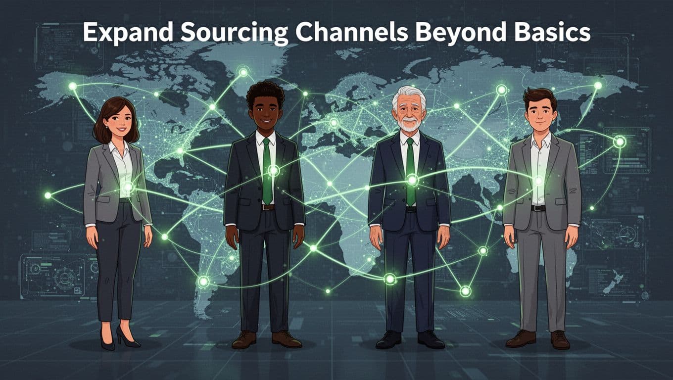 Modern illustration featuring four diverse cybersecurity professionals (two women, two men, varied ethnicities and ages) connected by glowing green network lines over a subtle digital world map, symbolizing expanded sourcing channels.