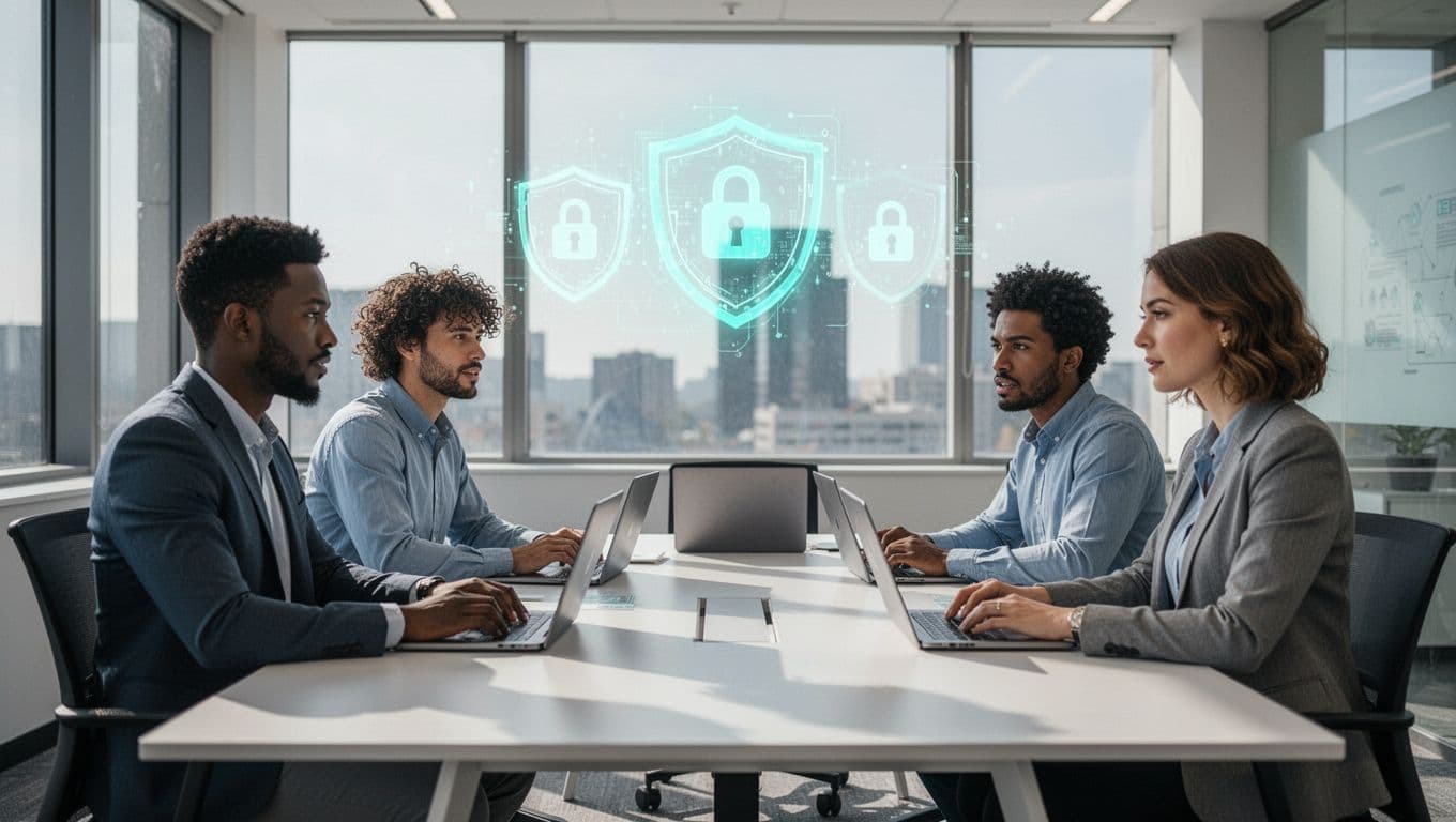 Modern illustration of four diverse cybersecurity professionals, a security engineer, cloud security engineer, detection engineer, and GRC analyst, collaborating around a conference table in a bright office, with holographic shields and locks floating above using green accents.