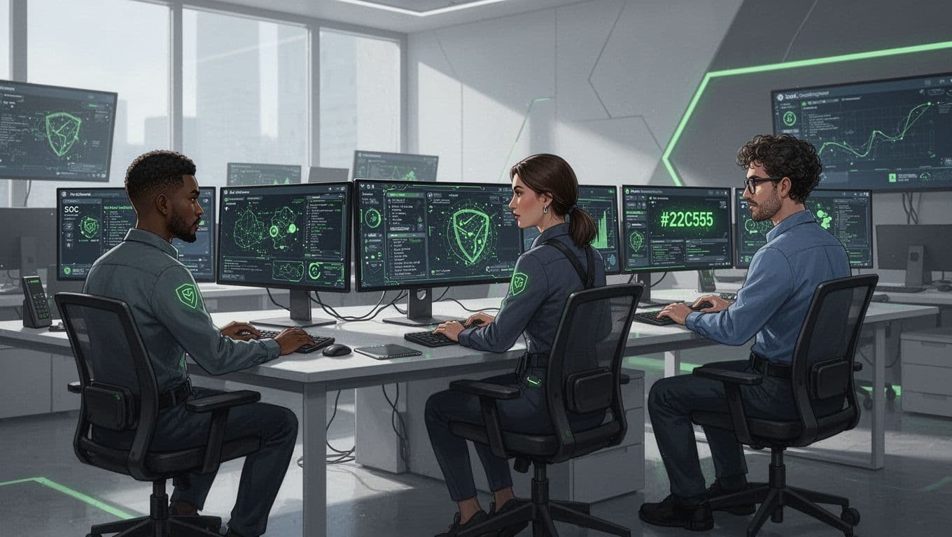 Modern illustration of a diverse team of cybersecurity professionals at workstations in a security operations center, monitoring screens and collaborating, featuring SOC analyst, incident responder, and cloud engineer.