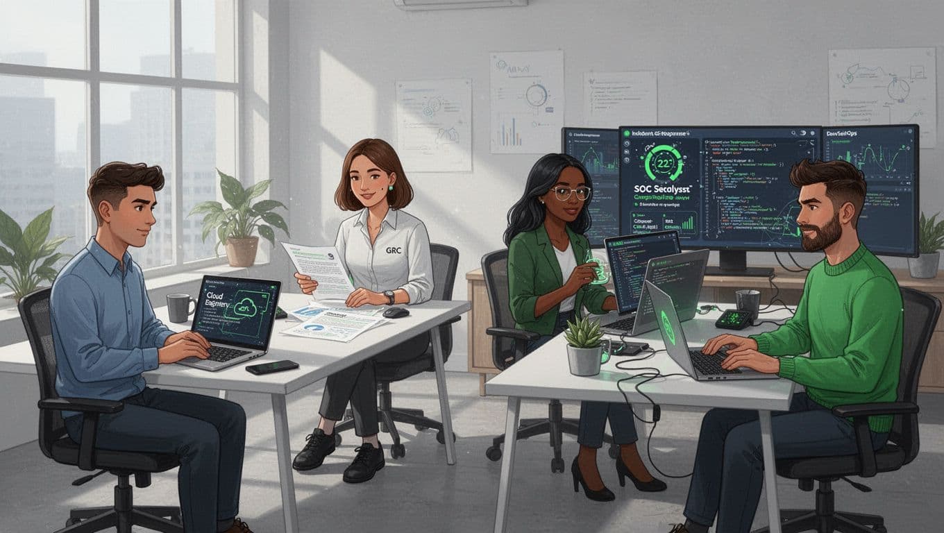 Modern illustration of a diverse team of four cybersecurity professionals in a startup office: security engineer configuring cloud security, GRC expert reviewing compliance, SOC analyst monitoring dashboard, DevSecOps developer integrating security in code.