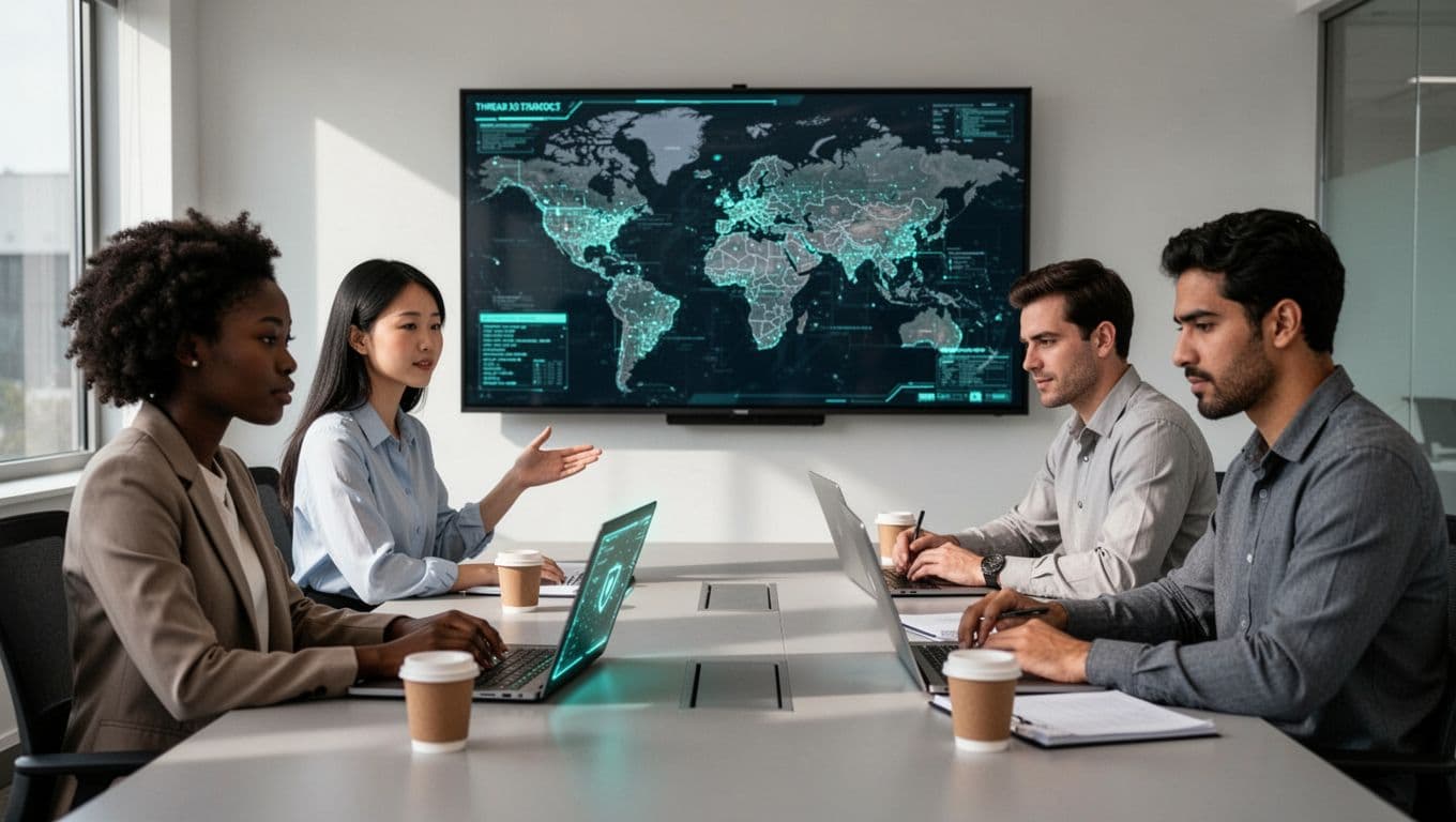 Modern illustration of four diverse cybersecurity professionals—two women (Black and Asian) and two men (White and Hispanic), aged 30-45—collaborating in a bright conference room. One woman points at a digital threat map on a wall screen, a man types on a laptop, another reviews notes, with coffee cups on the table, accented by green glows.