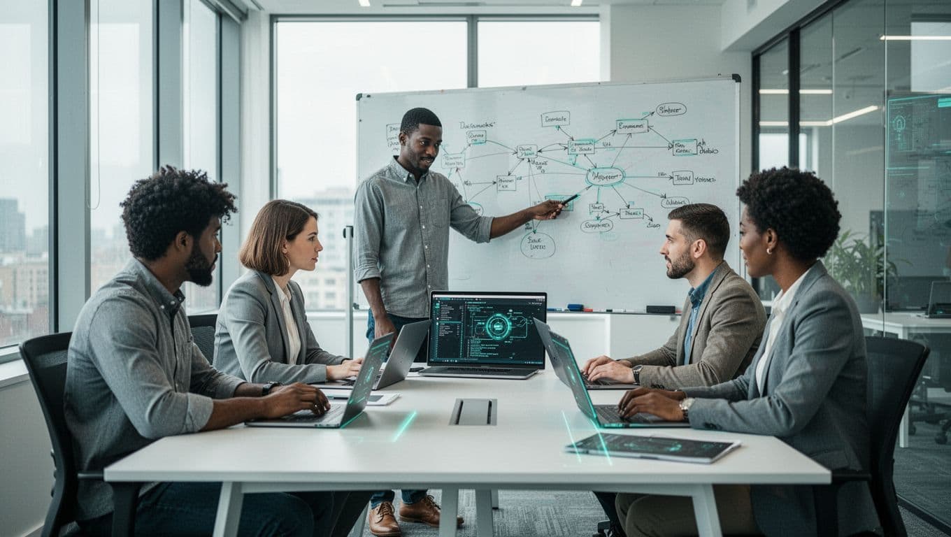 A diverse group of four cybersecurity professionals collaborates in a modern office around laptops and whiteboards with network diagrams, emphasizing team interaction in a clean illustrative style.