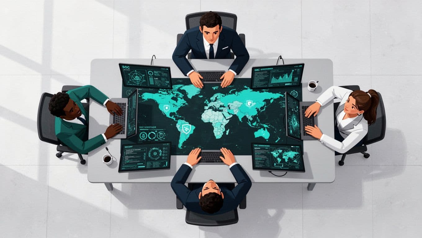 Modern illustration of a diverse cybersecurity team including a security analyst, SOC operator, and GRC specialist collaborating around a table with threat maps in a conference room, viewed from above with even lighting and green accents.