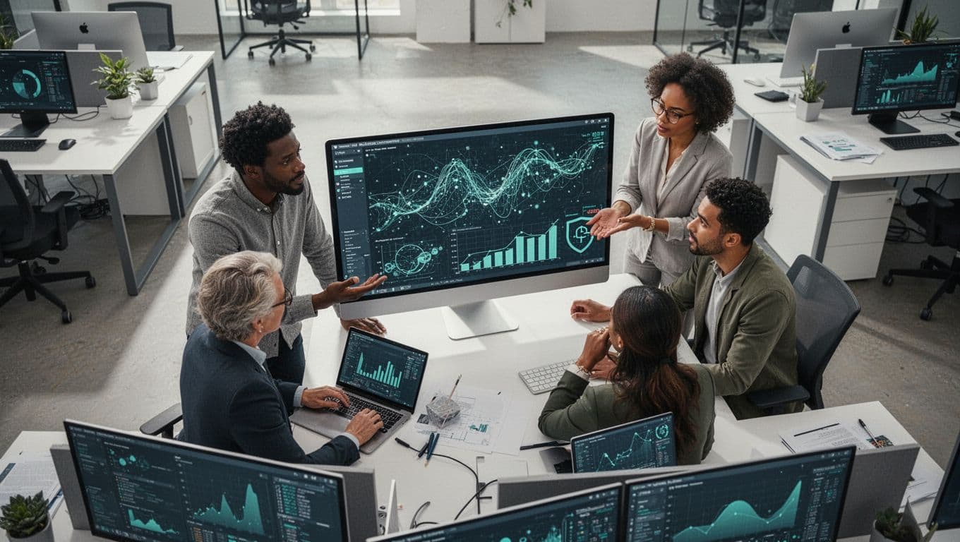 Modern illustration of four diverse technical professionals engaged in discussion around a large monitor showing abstract cybersecurity data visualization in a contemporary open office.