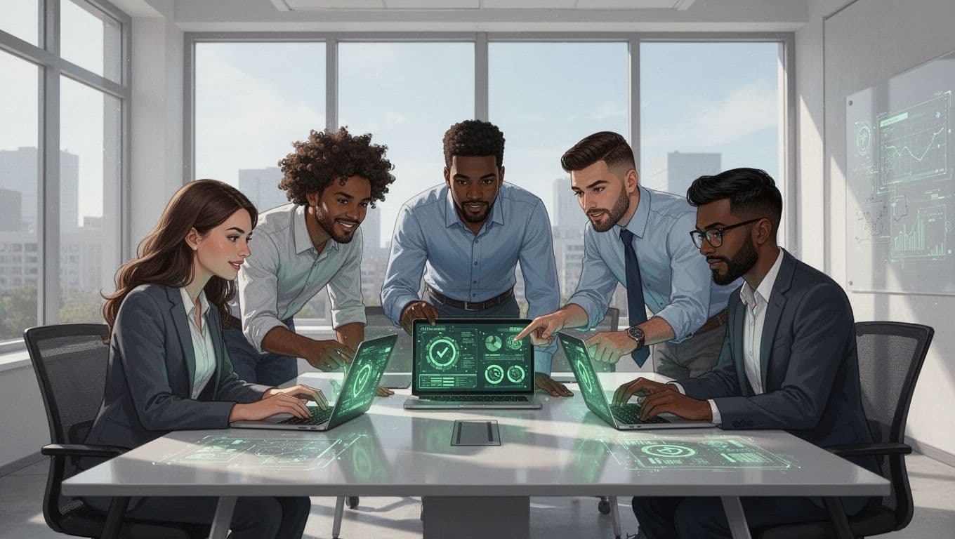 Modern illustration of five diverse cybersecurity professionals (two women, three men of different ethnicities) collaborating around a table with laptops and security dashboards in a bright office setting.