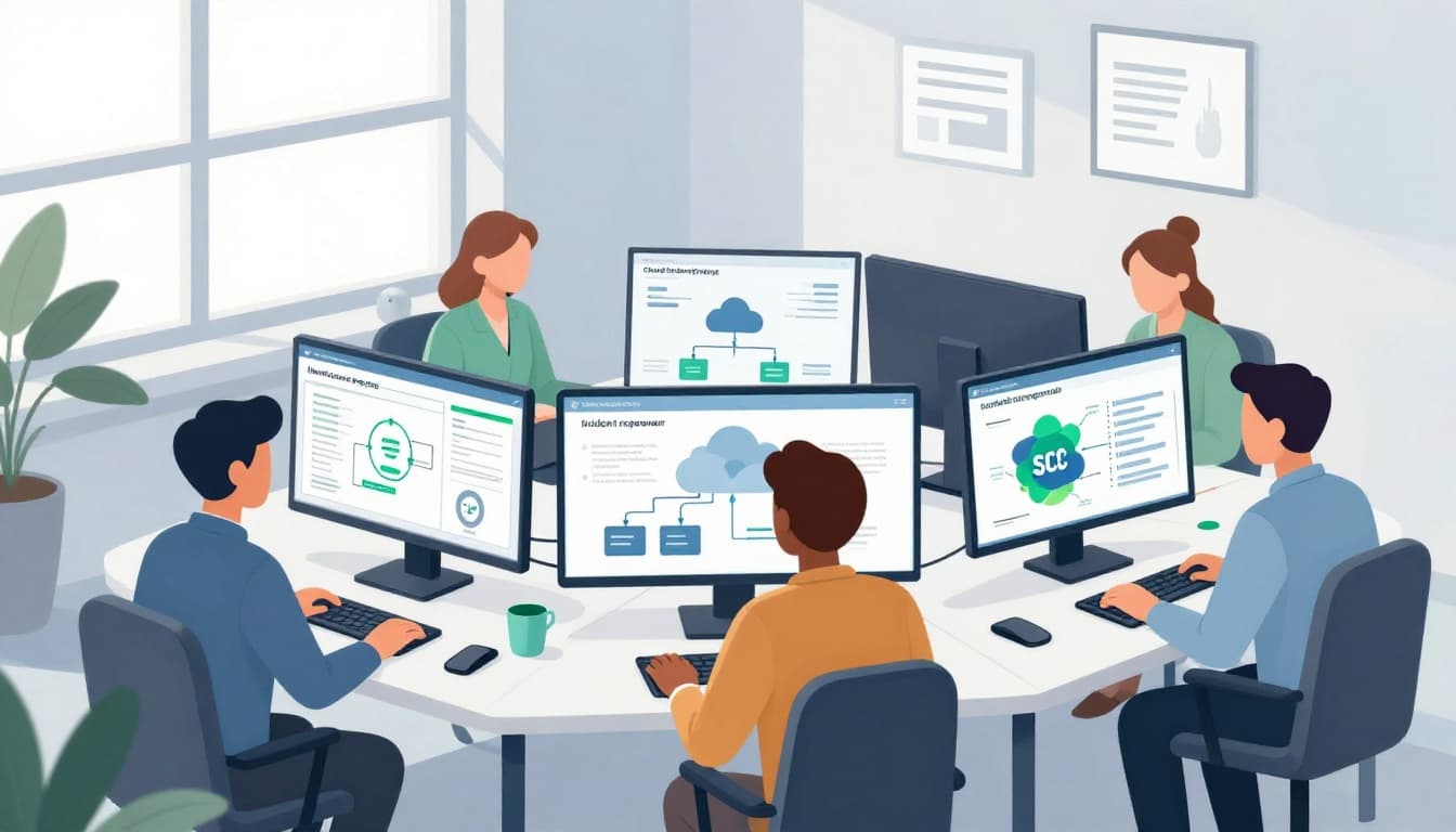 Modern illustration depicting three diverse cybersecurity professionals at work: a SOC analyst monitoring screens, a cloud security engineer diagramming cloud architecture, and an incident responder analyzing threats, using clean shapes and green accents in a bright, high-tech office.