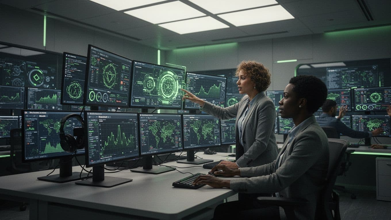 Modern illustration of a diverse team of three cybersecurity professionals in a high-tech operations center, reviewing threat data on multiple screens with one pointing to a dashboard in a collaborative atmosphere.