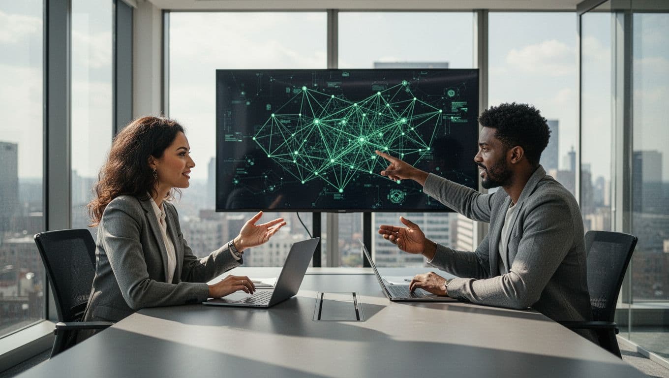 Group of five diverse cybersecurity professionals animatedly discussing around a modern conference table with laptops, notes, and a shared screen displaying a network diagram. Front-view modern illustration emphasizing collaboration with clean shapes, balanced composition, and green accents on tech elements.