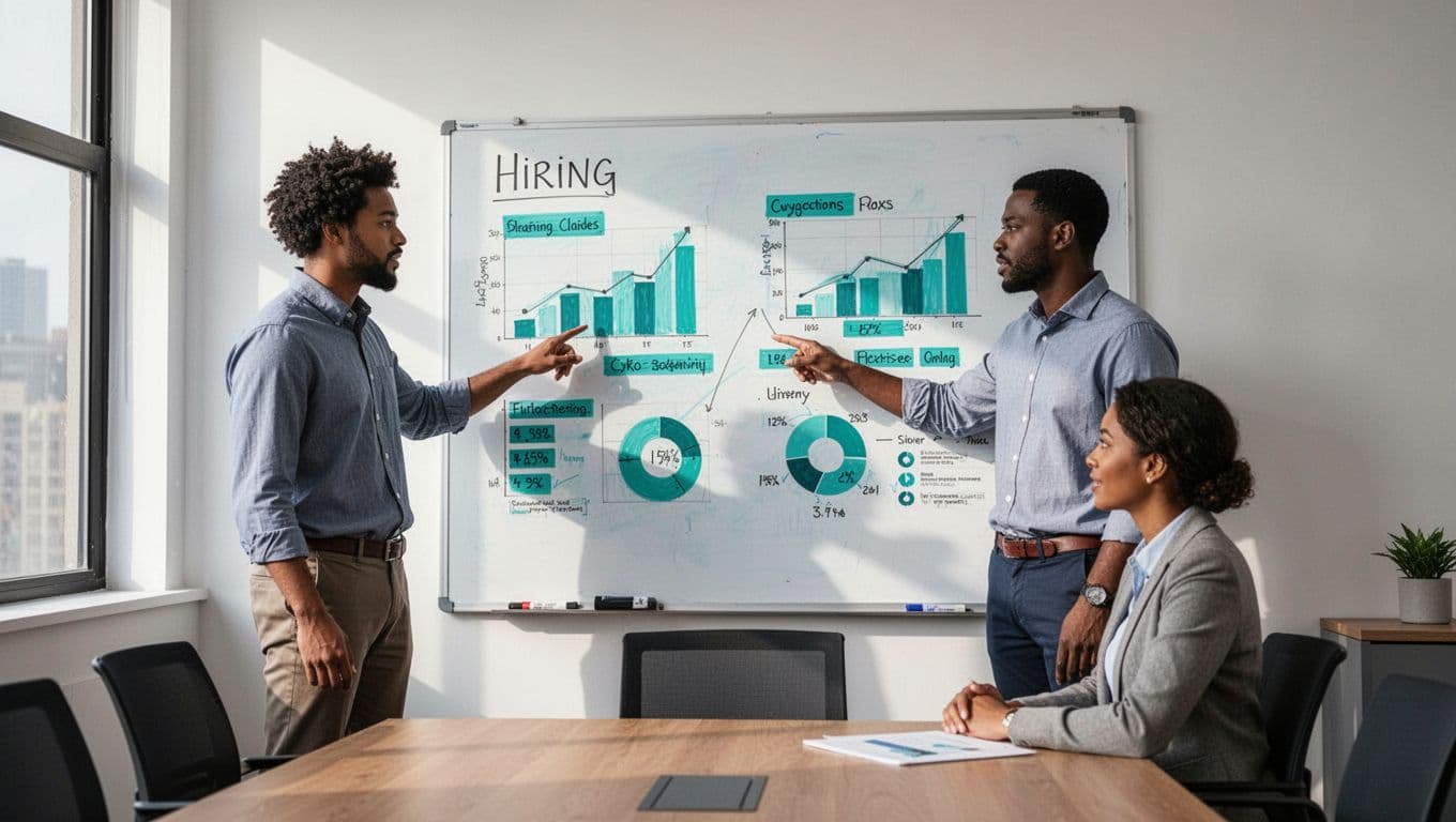 Modern illustration of a diverse cybersecurity team in a conference room meeting, reviewing hiring and diversity pipeline data on a whiteboard with natural lighting and green highlights.