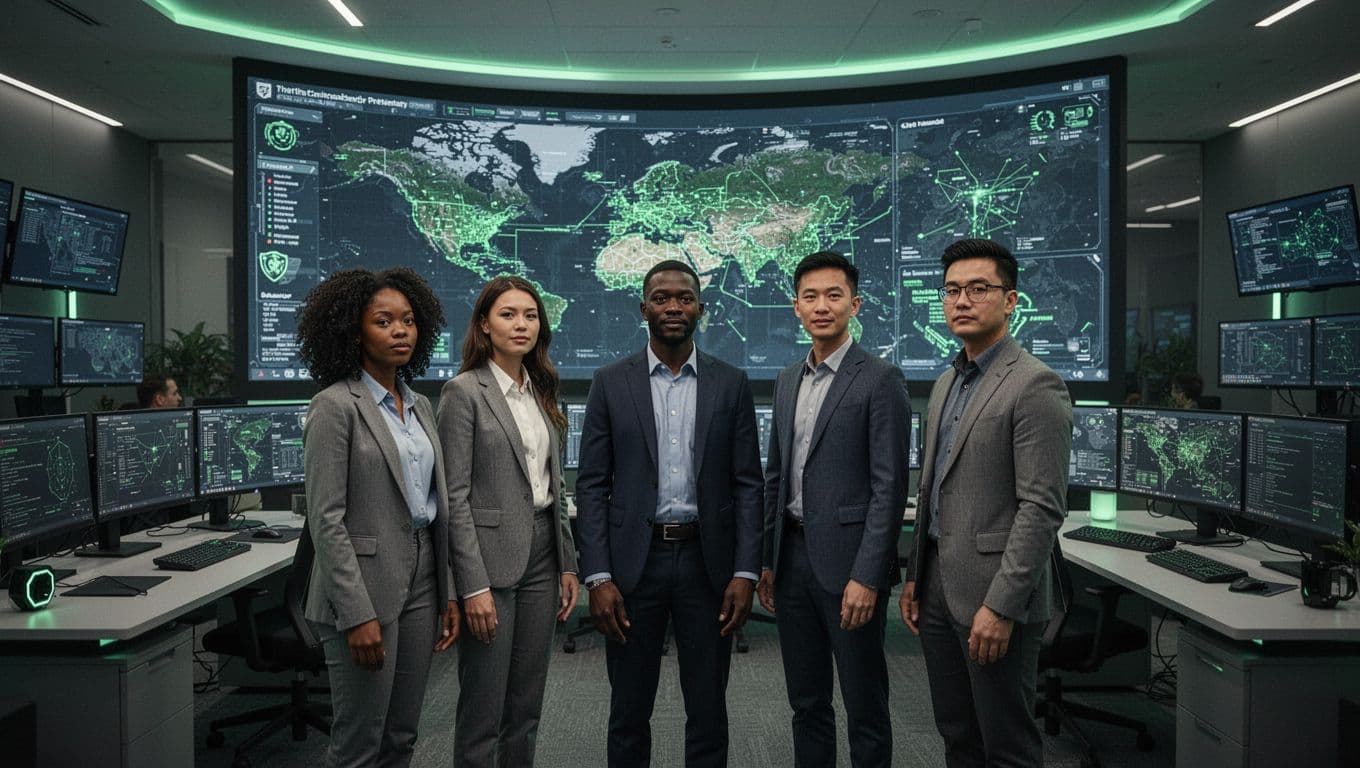 Five diverse cybersecurity professionals review threat maps on a large curved screen in a high-tech operations center.