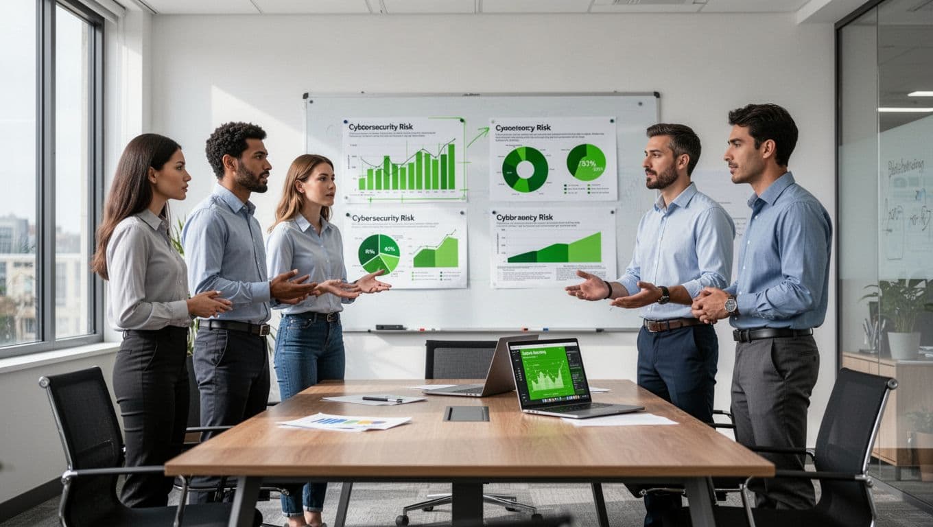 A diverse team of five professionals in a modern conference room reviews cybersecurity risk assessment charts on a whiteboard and an open laptop.