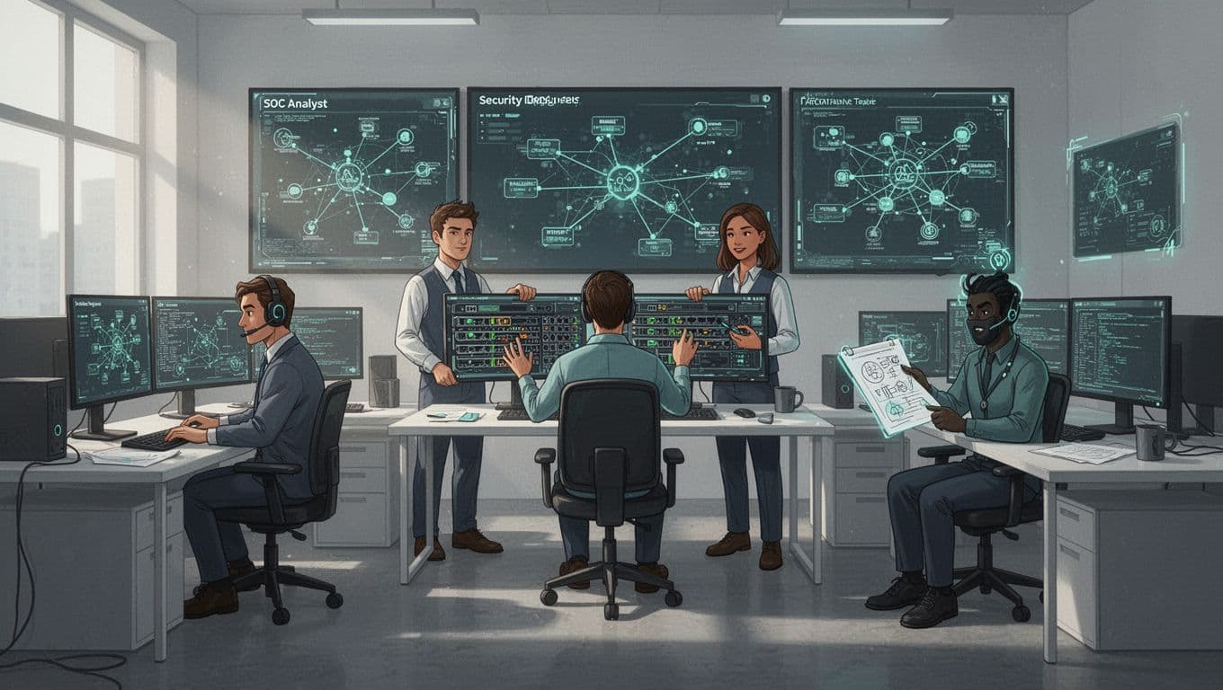 Modern illustration of three diverse cybersecurity experts collaborating in an office: a SOC analyst monitoring stations, a security engineer configuring a firewall, and a penetration tester planning an attack, with network maps on screens and green accents.