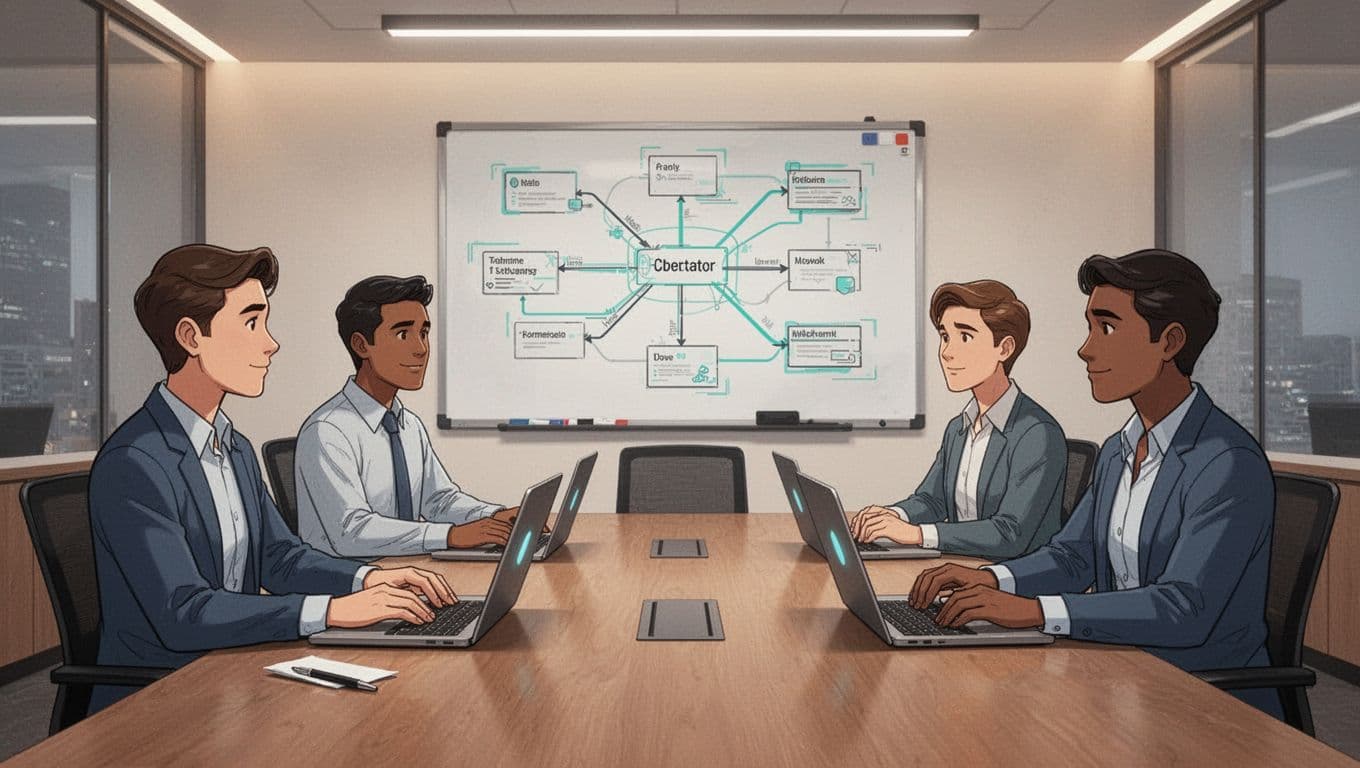 Illustration of a diverse team of four cybersecurity professionals collaborating in a modern meeting room around a table with laptops and whiteboards displaying network diagrams.