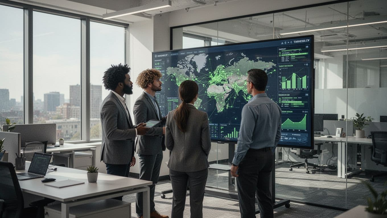 Modern illustration of a diverse team of three cybersecurity experts in a modern office discussing a digital threat map on a large screen with clean shapes and green accents.