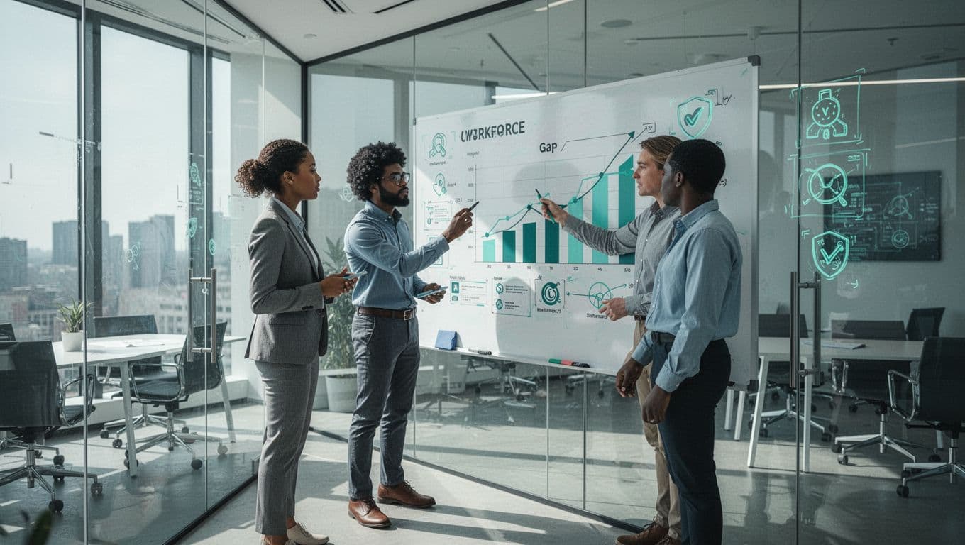 Modern illustration of a diverse cybersecurity team of three members in a modern office, planning workforce on a digital whiteboard with icons for AI, cloud, and compliance; central figure points to a gap chart, using clean shapes in cool blue and green palette with bright lighting.