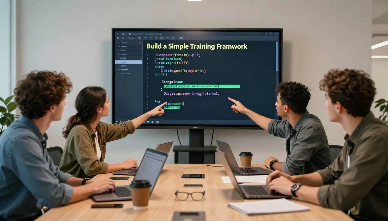 Four diverse engineering leads gathered around a large screen showing a code pull request in a modern workshop, with laptops and coffee mugs on the table.