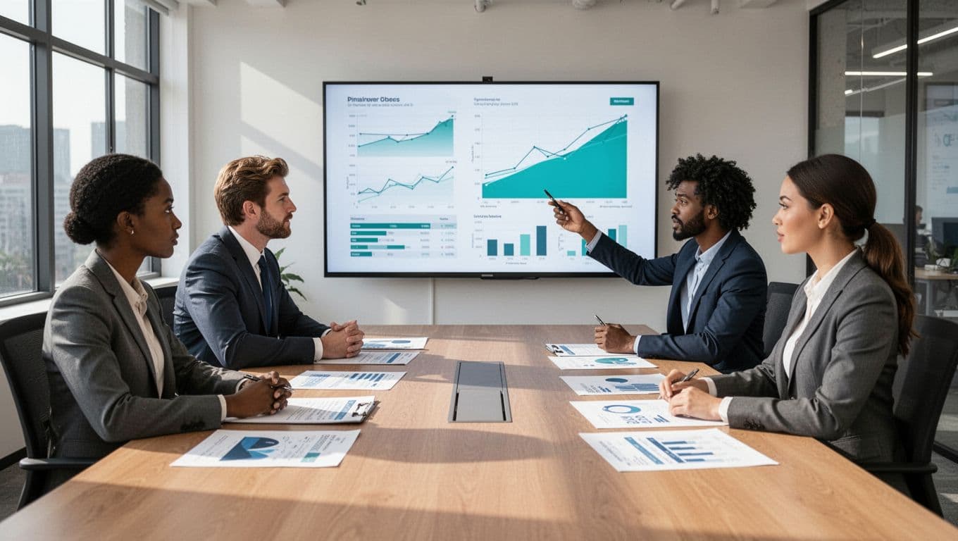 Modern illustration of a diverse team of five finance professionals around a conference table in a modern office, reviewing financial charts on a large screen and paper reports, one pointing to a graph with green accent.