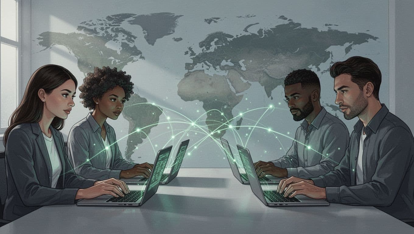 Four cybersecurity professionals from different countries collaborate remotely on laptops, connected by glowing green network lines over a subtle world map background in a modern illustration style.