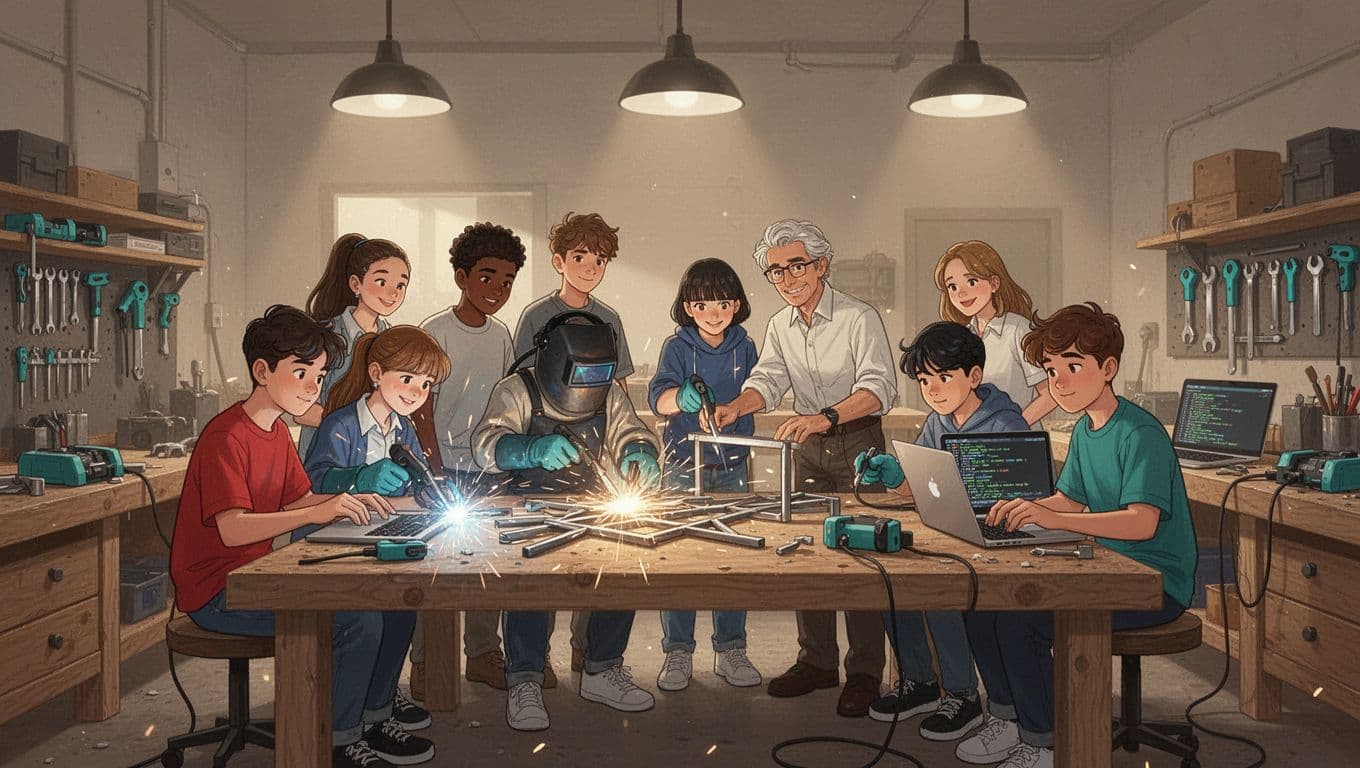 Modern illustration of eight diverse high school students and one teacher in a workshop learning technical skills like welding and coding, with clean shapes, warm lighting, and green accents on tools.