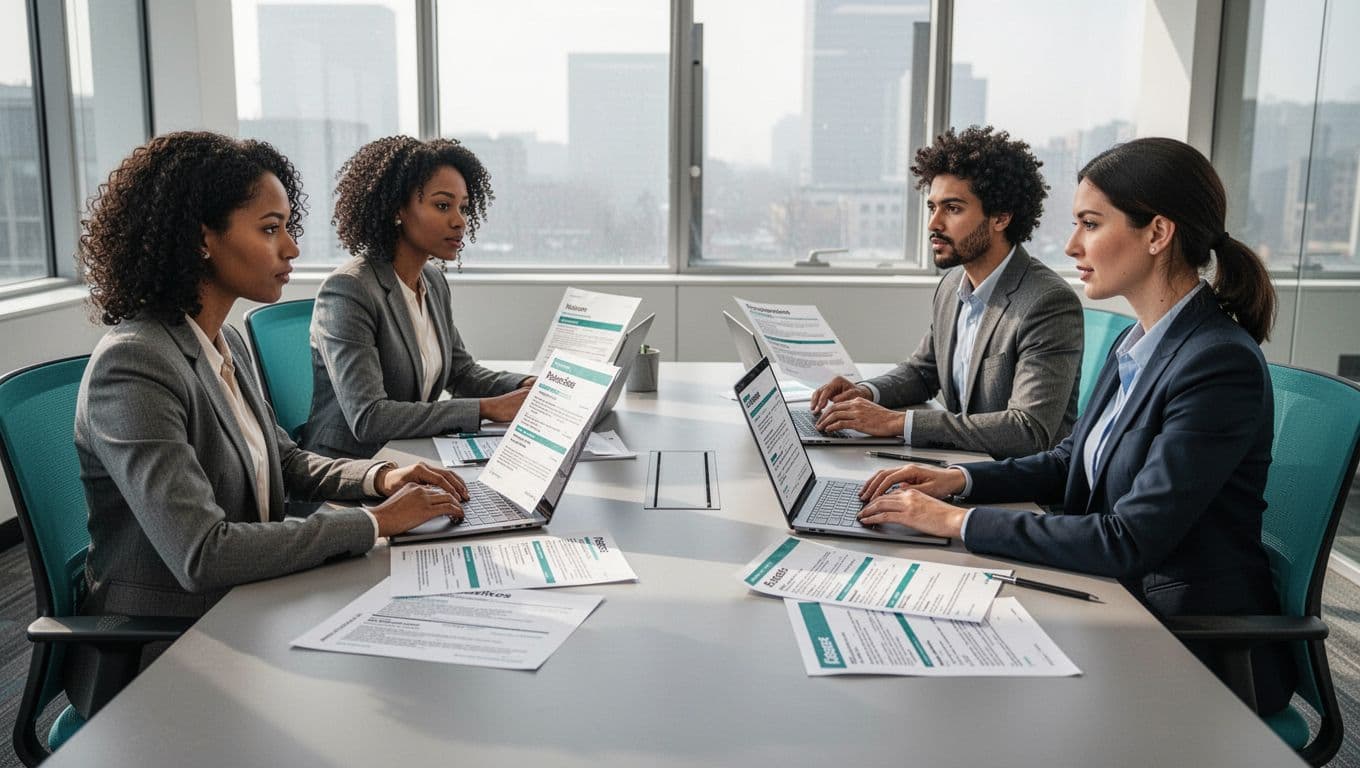 Four diverse professionals around a conference table in a modern office review resumes and laptops during a focused hiring panel calibration session.