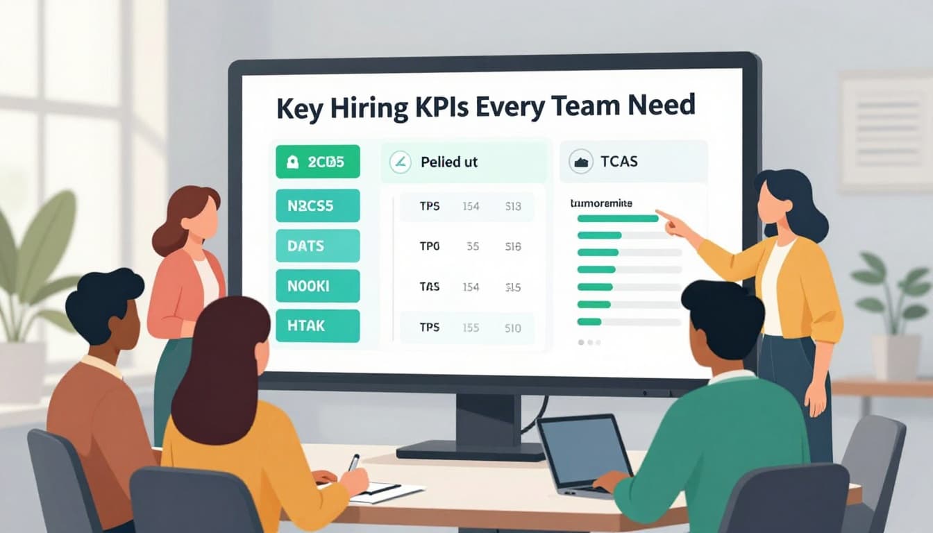 Modern illustration of a diverse HR team reviewing a digital dashboard displaying hiring metrics charts on a large screen in a bright office, with one person pointing and natural lighting.