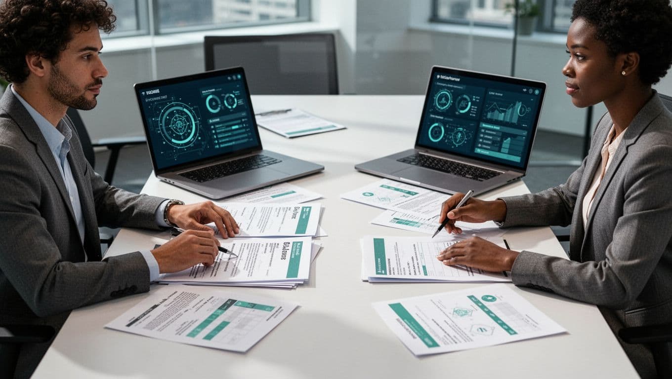 Modern illustration of a diverse group of three interviewers reviewing resumes and notes at a table, with cybersecurity laptops showing security dashboards, comparing scores to align evaluations and cut bias. Clean shapes, green accents on notes, soft office lighting, strong composition.