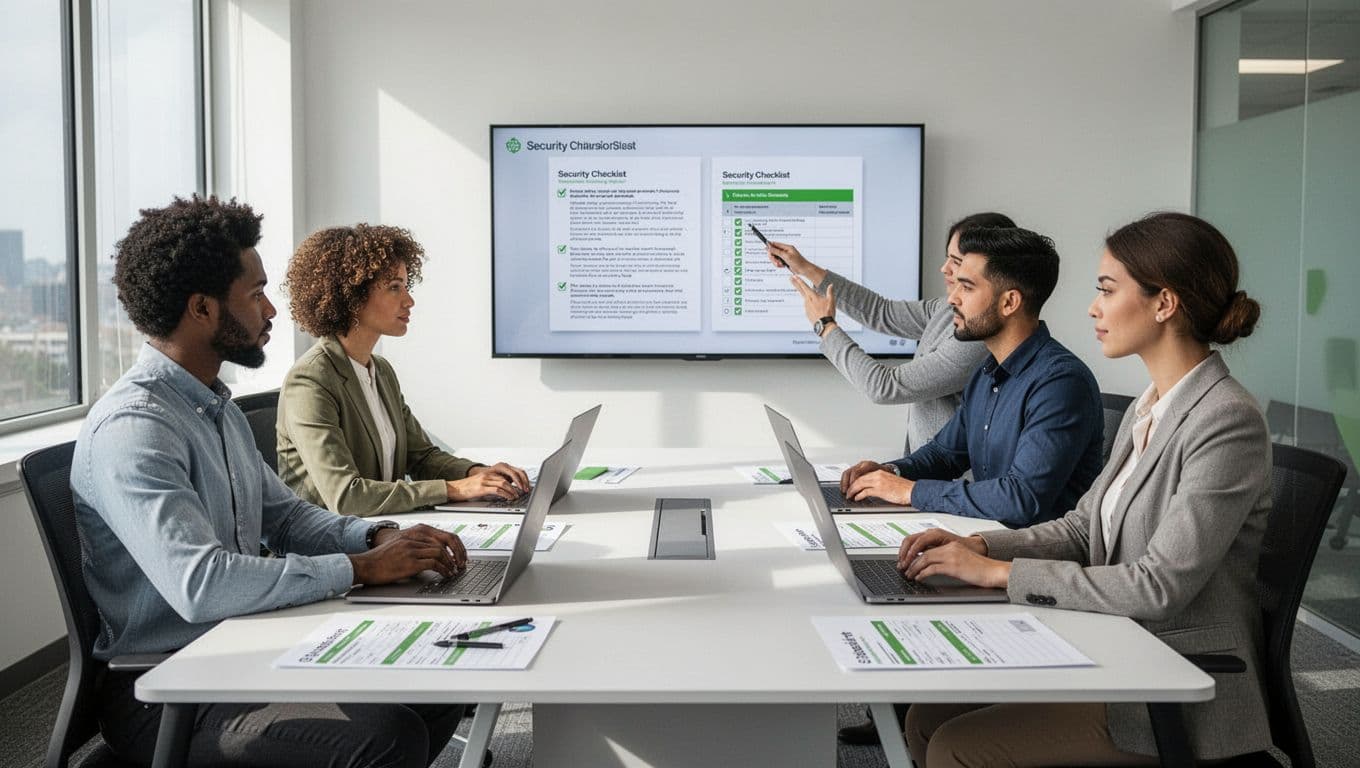 Modern illustration of a diverse team of four IT professionals seated around a table in a bright conference room, collaborating on security checklists with laptops and a highlighted document on screen.