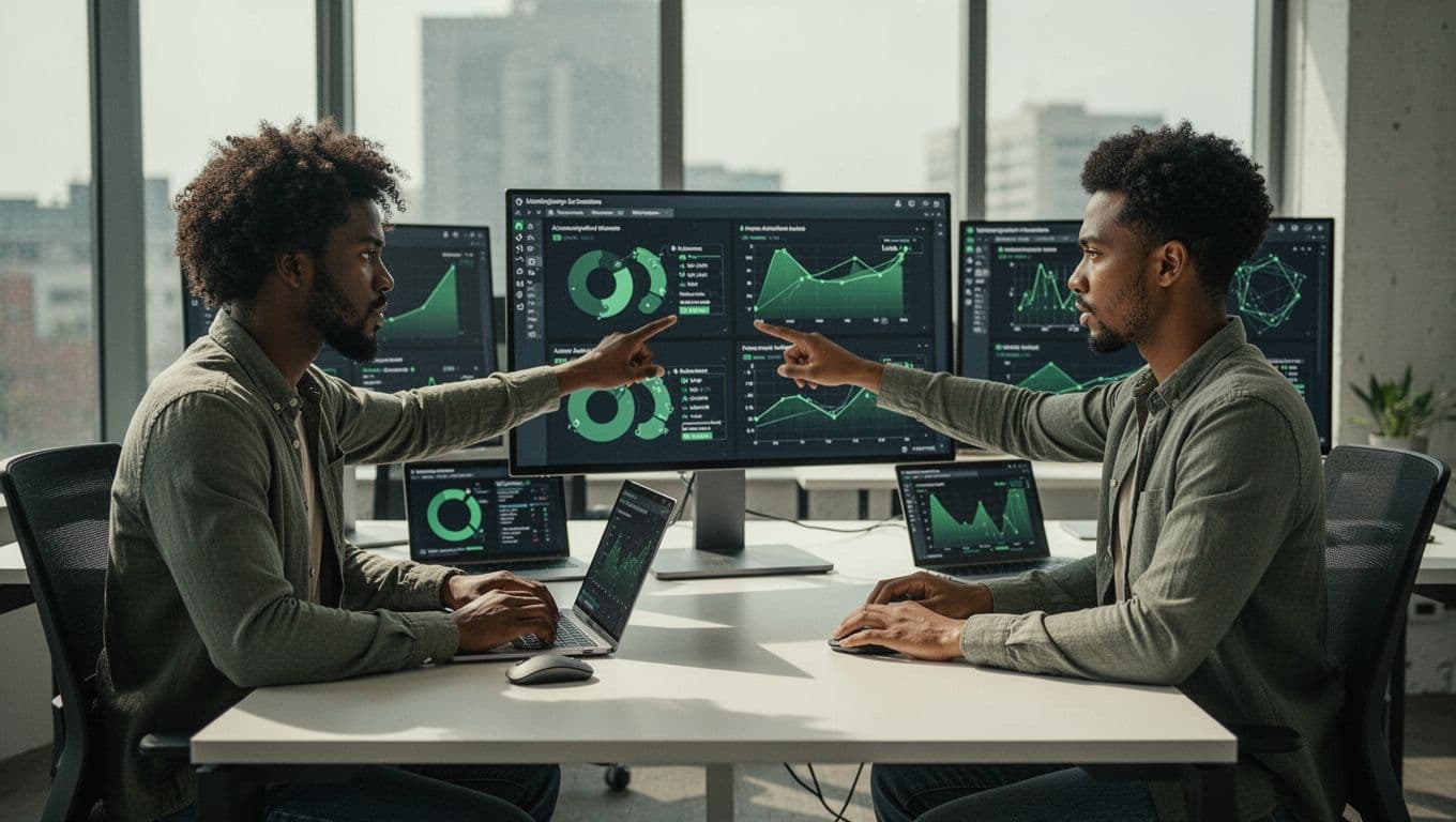 Modern illustration of a diverse IT security team in an office collaboratively reviewing third-party user access lists on shared screens and laptops, with one person pointing to access charts.