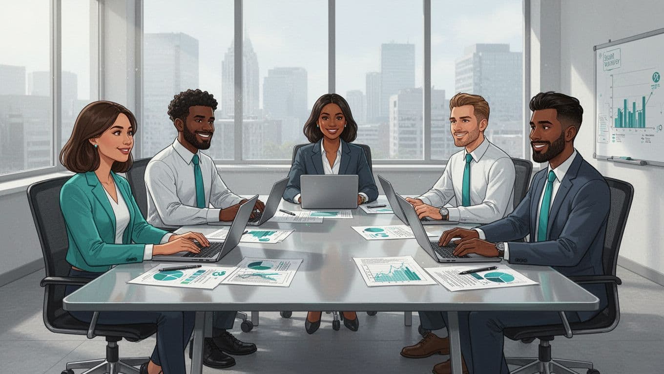 Five diverse department leads seated around conference table in modern office, discussing security risks with laptops, charts, and notes.