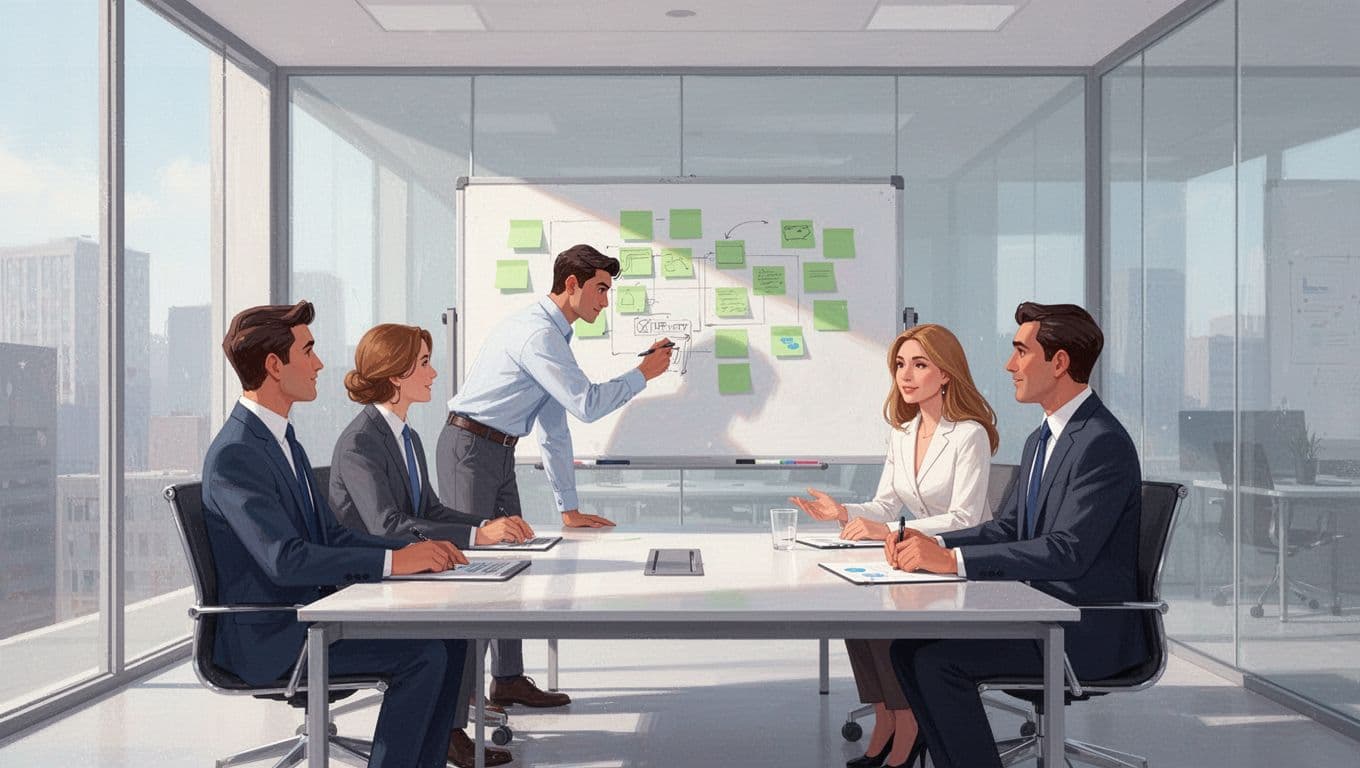 Four professionals, two men and two women, collaborate around a whiteboard with green sticky notes in a modern conference room.