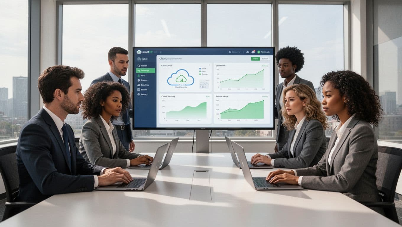 Modern illustration of a diverse team of four security consultants (two men, two women, varied ethnicities) in a modern office, reviewing a cloud security dashboard on a large screen with open laptops and natural window lighting.