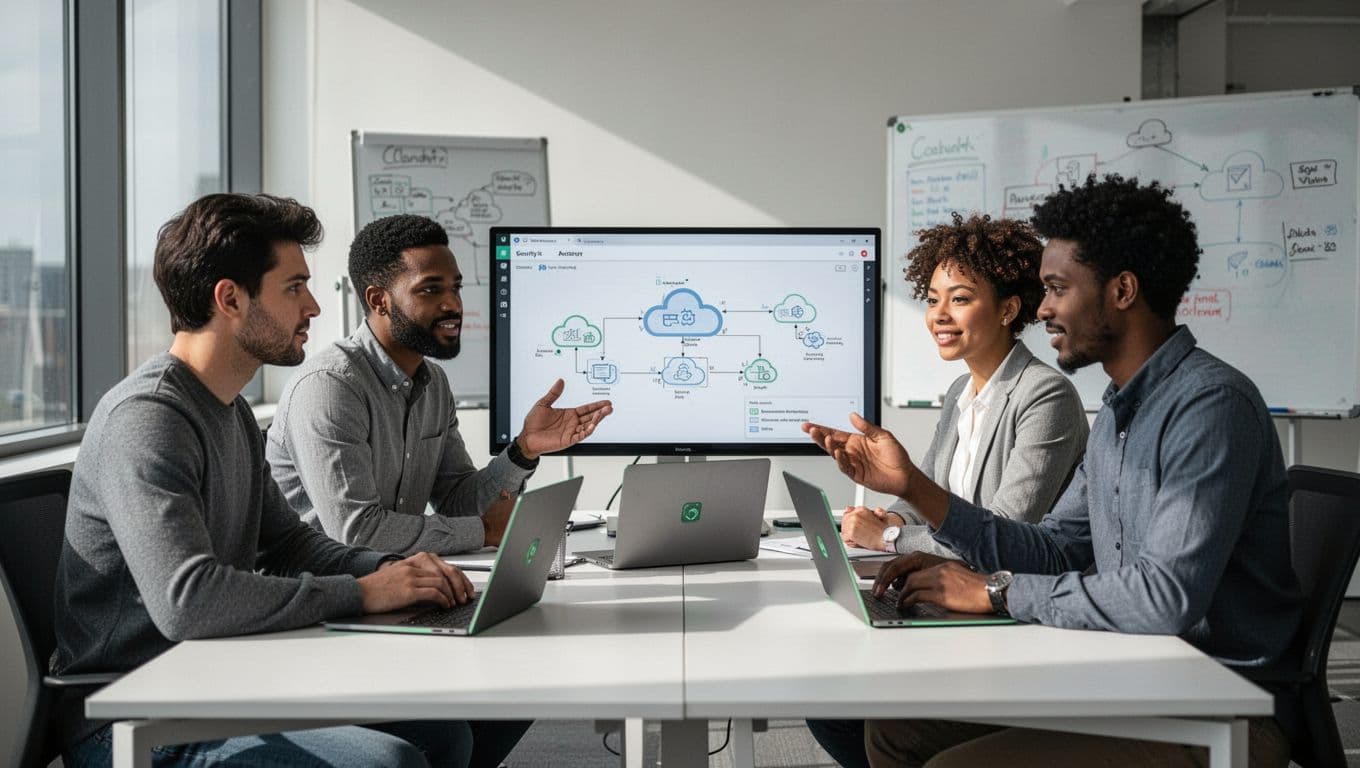 Modern illustration of three diverse security engineers in a contemporary office, collaborating around a shared screen to discuss cloud security architecture, with laptops and whiteboards in the background.