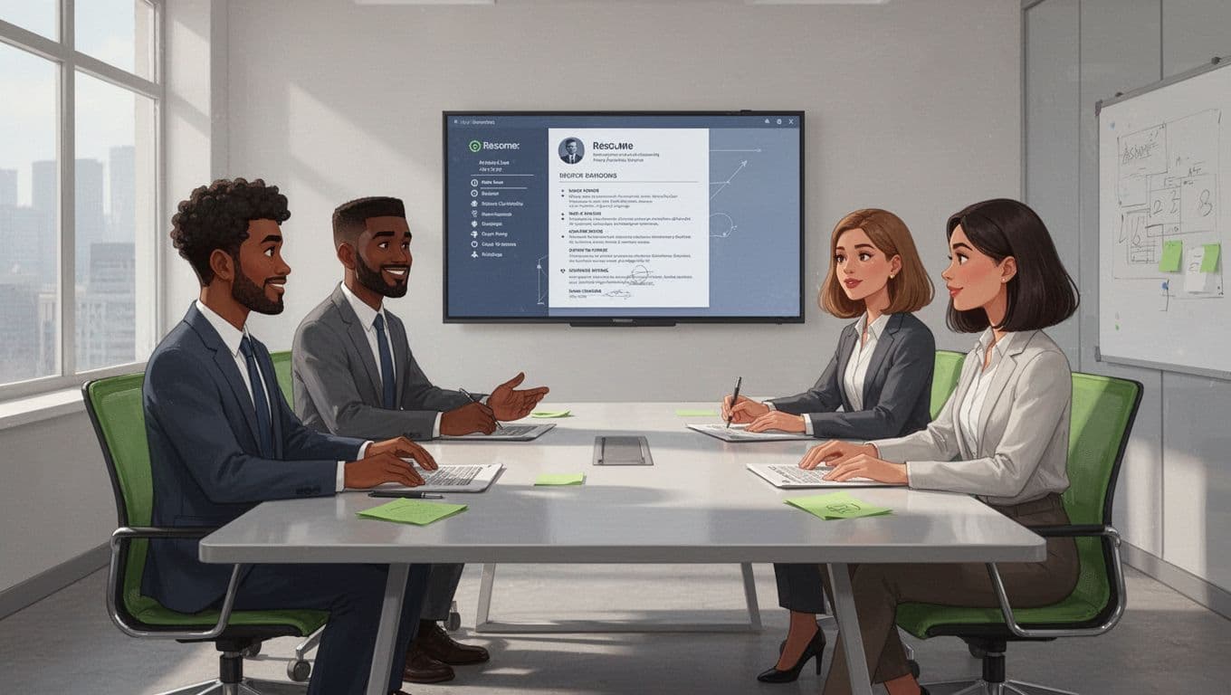 Modern illustration of exactly four diverse professionals—two men and two women of different ethnicities—seated around a conference table in a modern office, discussing a candidate resume on a shared screen with clean shapes, controlled color palette featuring #22C55E accents, strong collaborative composition, and natural lighting.