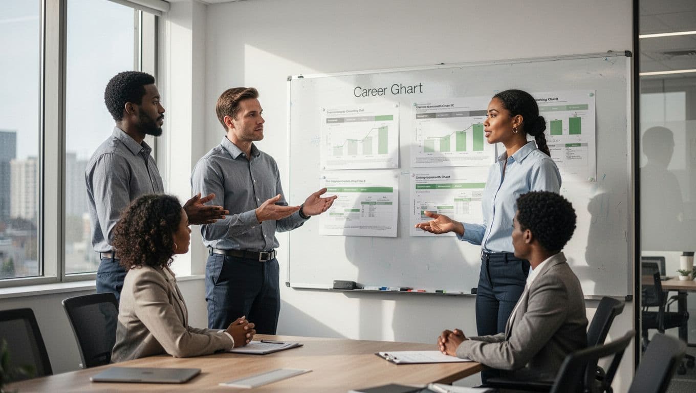 Modern illustration showing a diverse security team in a meeting room discussing career growth charts on a whiteboard. Clean shapes, controlled colors with green accents, strong composition, exactly three people.