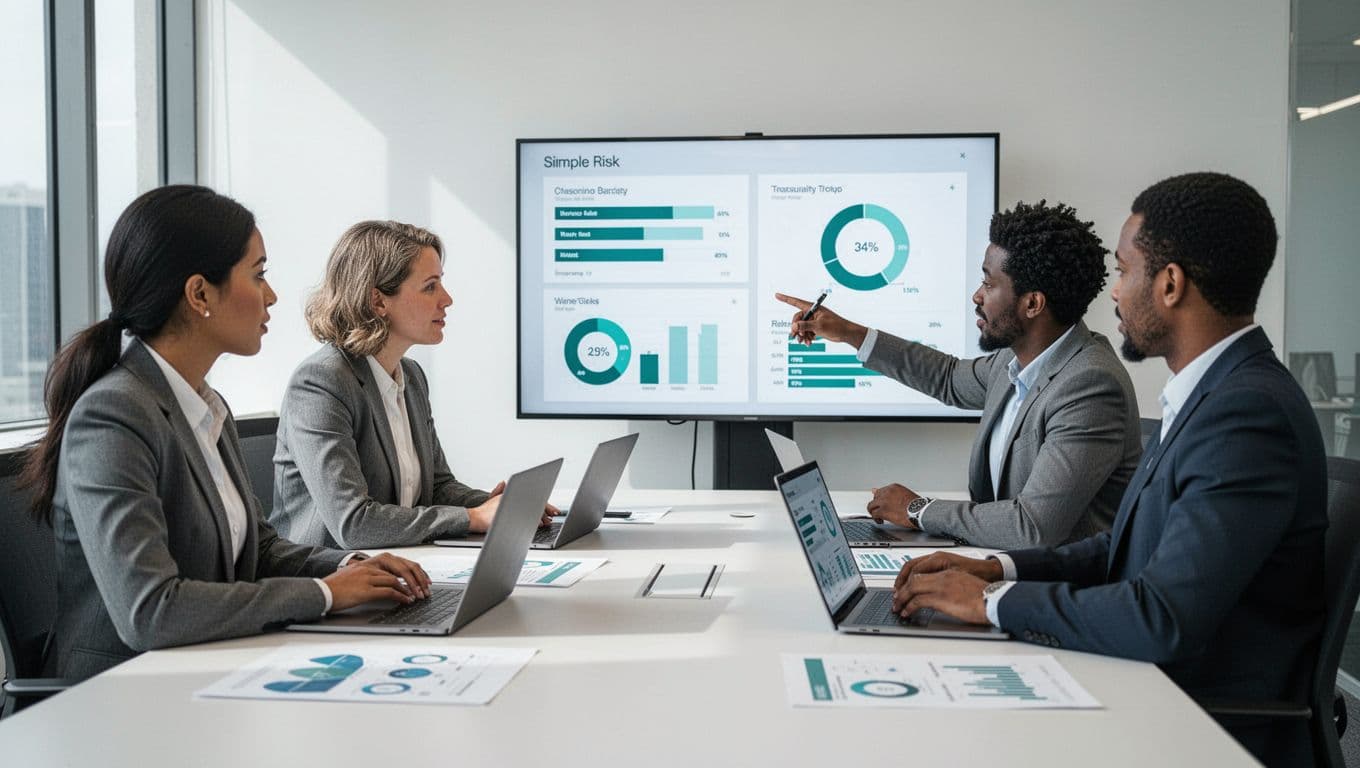 Three diverse professionals around a conference table with laptops and charts, one pointing to a shared screen showing a risk dashboard.