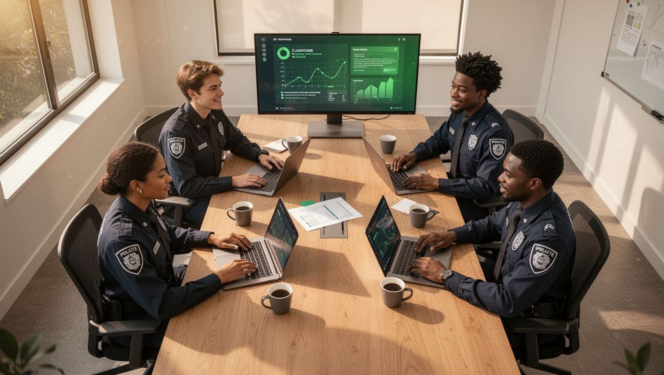 Four diverse security team members collaborate around a table with laptops, coffee, and metrics on a shared screen.