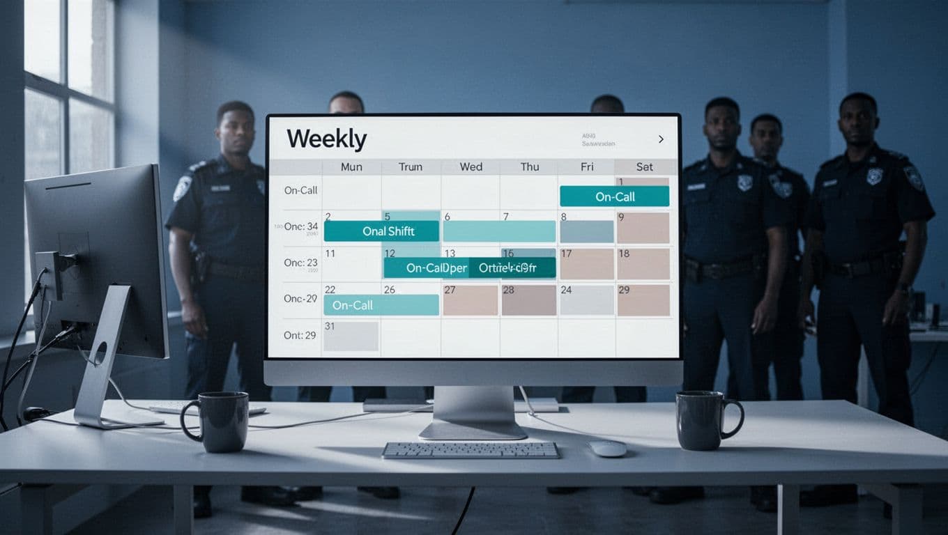 Modern illustration of weekly on-call calendar with assigned shifts for 4-5 team members in clean office with monitors and mugs.