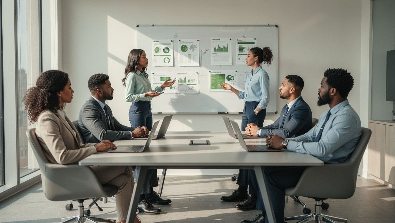 Five diverse security professionals discuss charts on a whiteboard around a table with laptops in a modern conference room.
