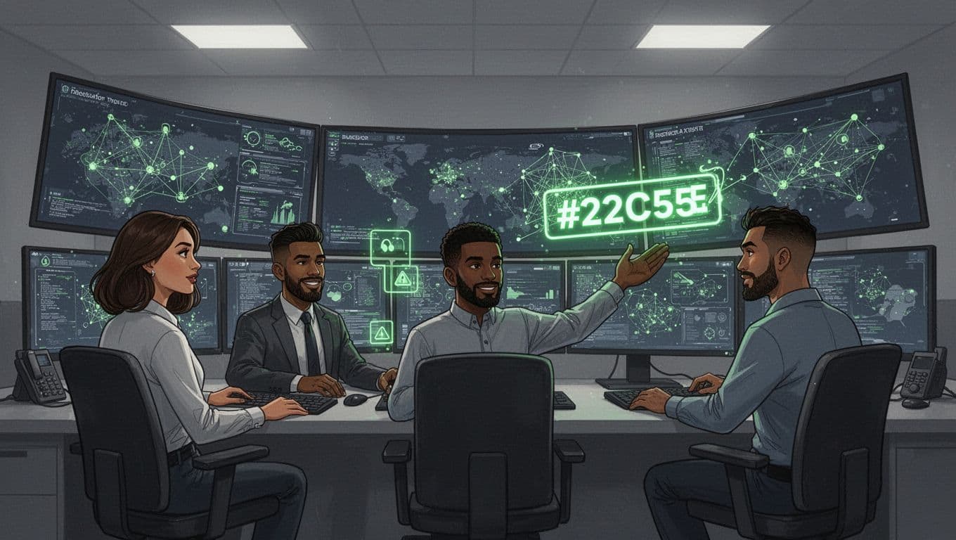 Modern illustration featuring exactly three diverse SOC analysts (one woman, two men) in a sleek control room, seated before large curved screens displaying abstract threat data and network maps, with one gesturing toward a glowing alert using #22C55E accent, emphasizing team collaboration under soft lighting.