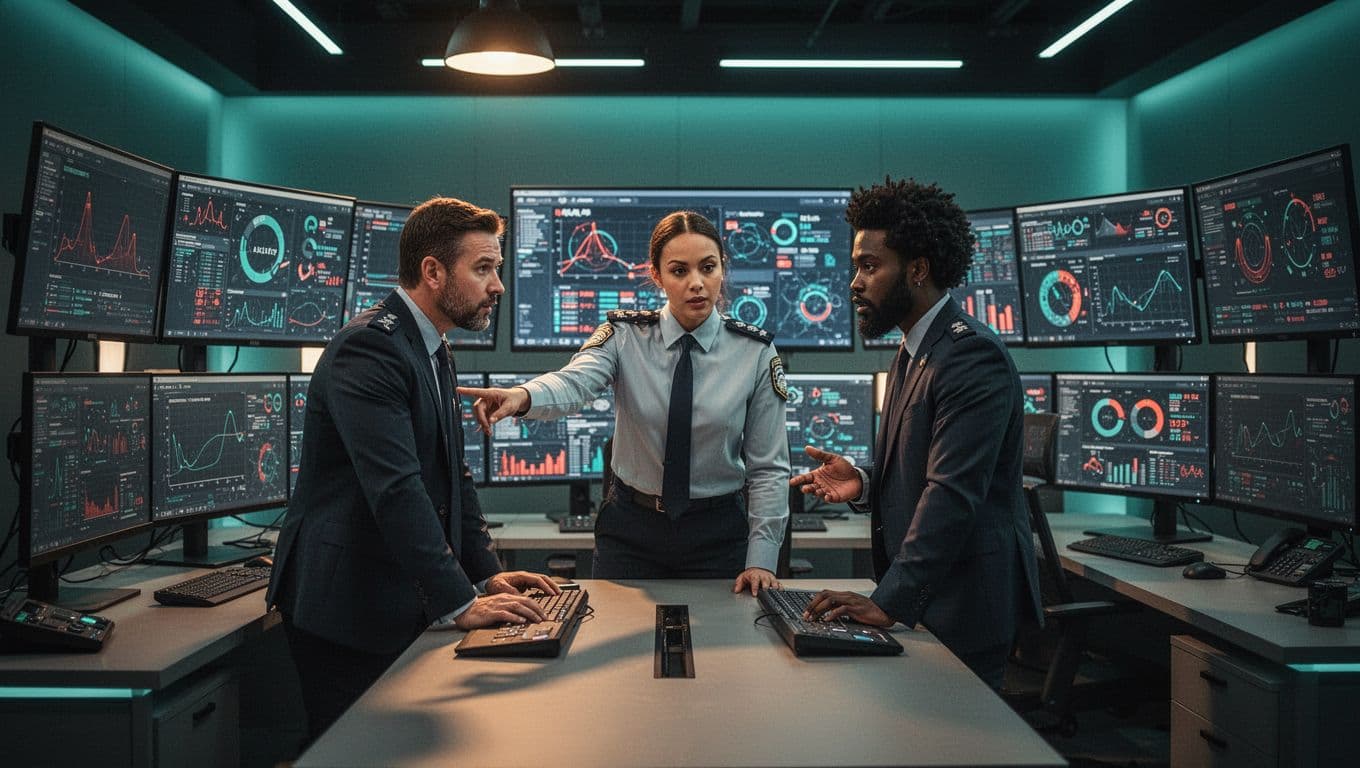Modern illustration of a diverse team of three SOC analysts in a high-tech security operations center, monitoring screens with alerts and data visualizations while collaborating.