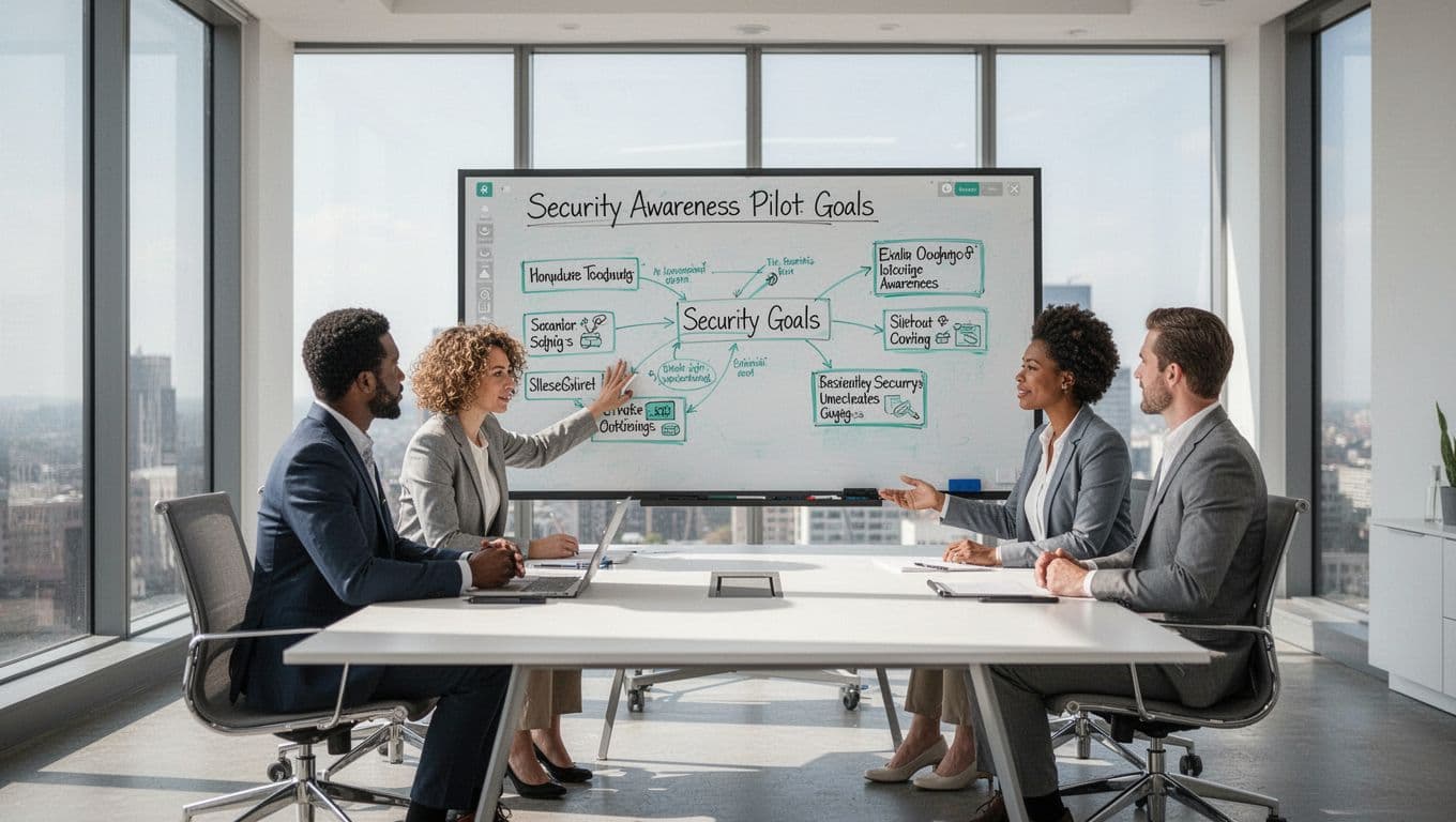Illustration of three diverse professionals in a modern conference room collaboratively brainstorming goals for a security awareness pilot on a digital whiteboard, featuring clean lines, controlled colors with green accents, bright natural light, and strong centered composition.