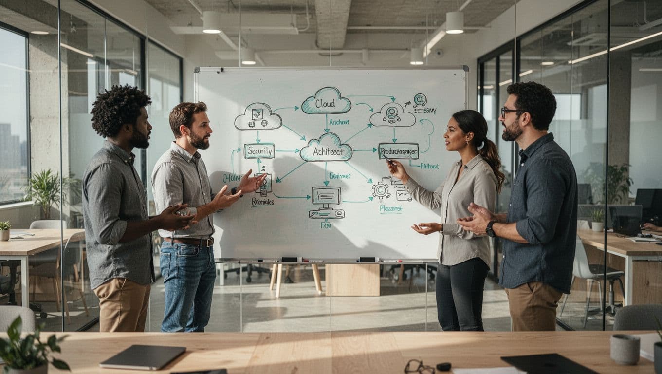 Four diverse professionals around whiteboard sketch cloud architecture and security flows in modern office.