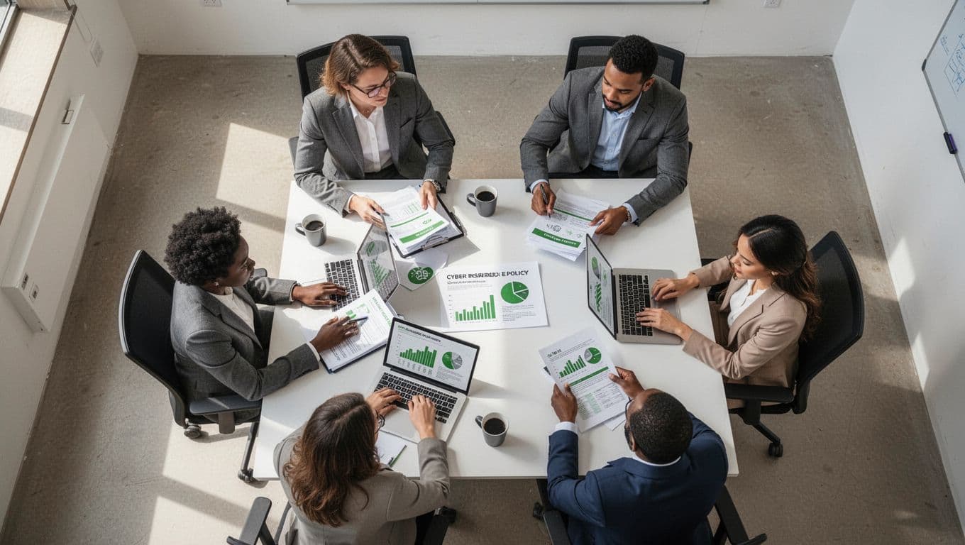 Four professionals—two men, two women—around conference table review documents and laptops with green chart accents.